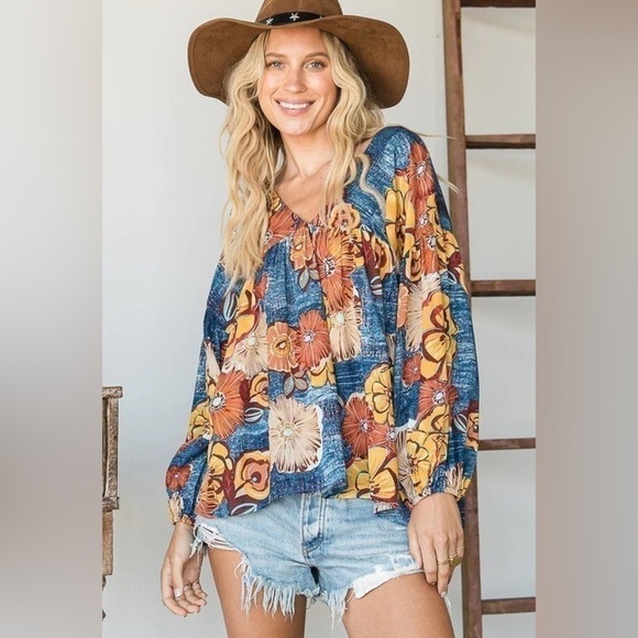 Bucketlist Floral Babydoll Flowy Blouse Boho Size L - Picture 9 of 9